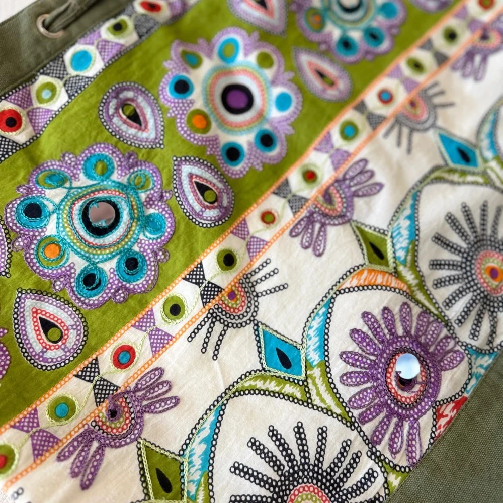 Boho Green Cotton Canvas Embroidered‎ Floral Mirror Sequin Tote Bag Crossbody